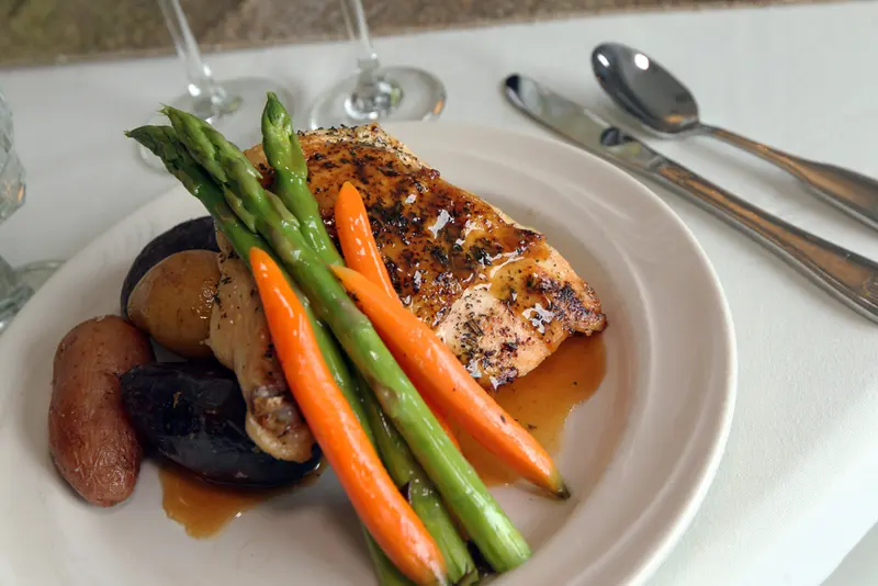 Plated salmon with asparagus and roasted potatoes