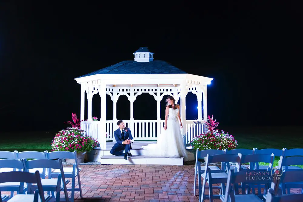The gazebo lit at night